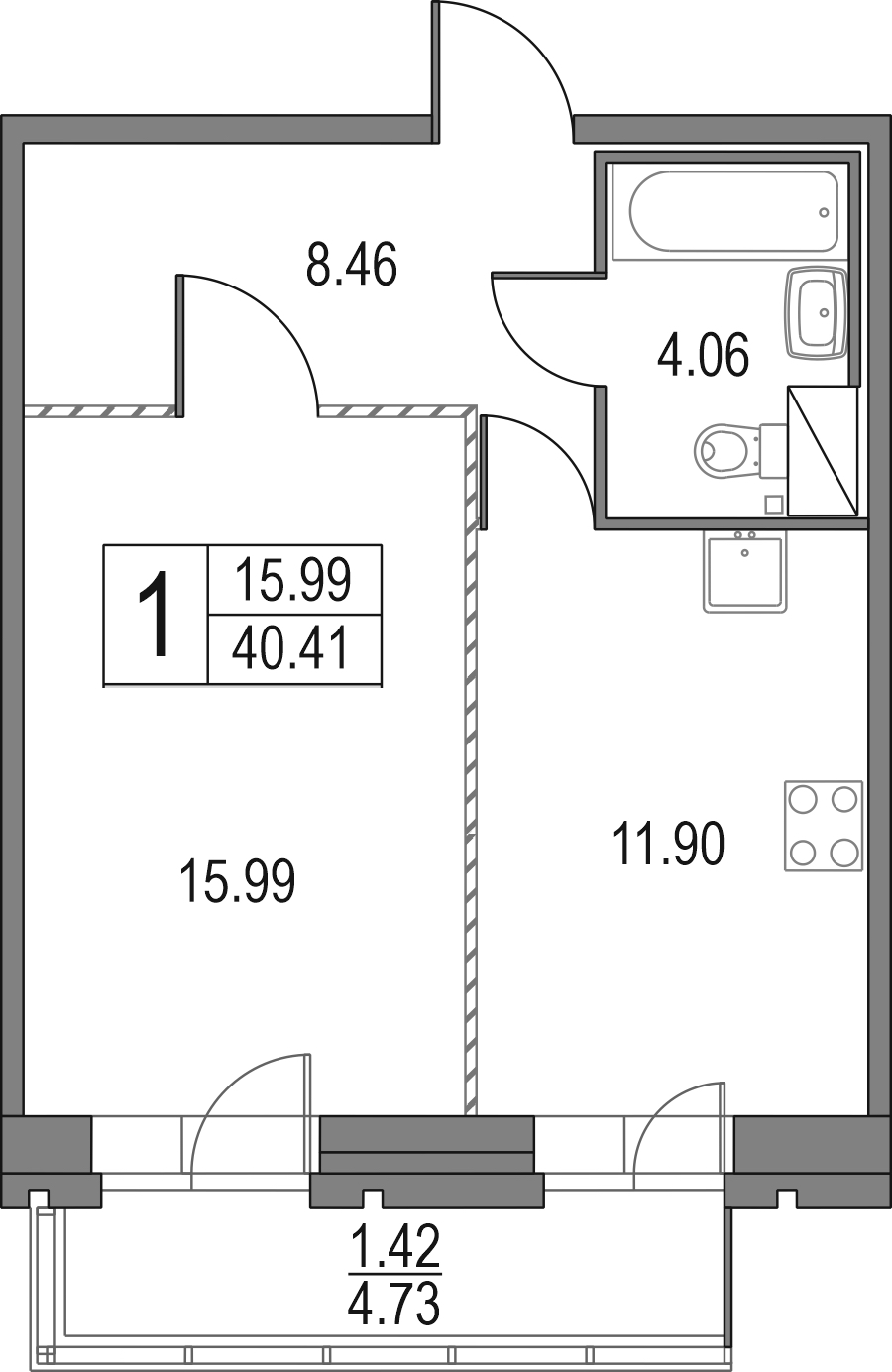 1-комнатная квартира 41.83 м², 3/12 эт., ЖК «Приморский квартал»